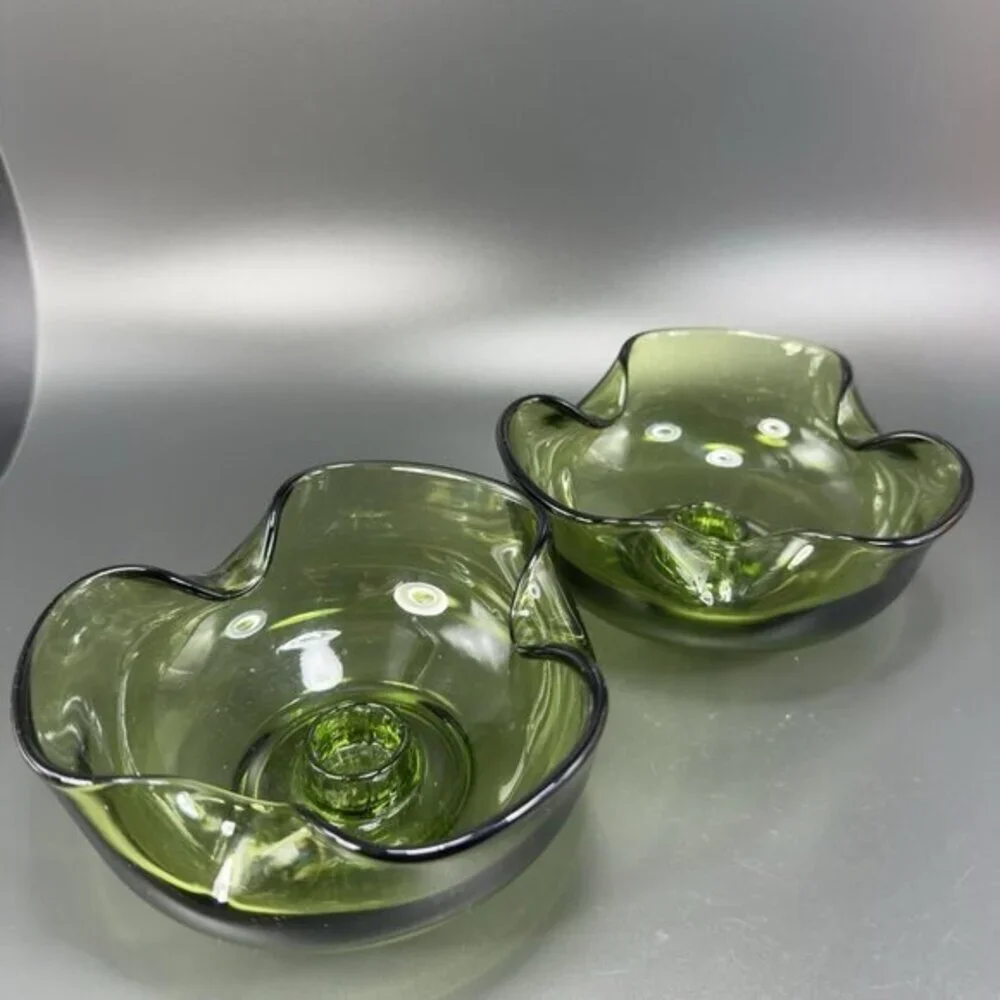 Anchor Hocking Modern Avocado Candlestick Holders Green Set 2 Folded Edge Votive